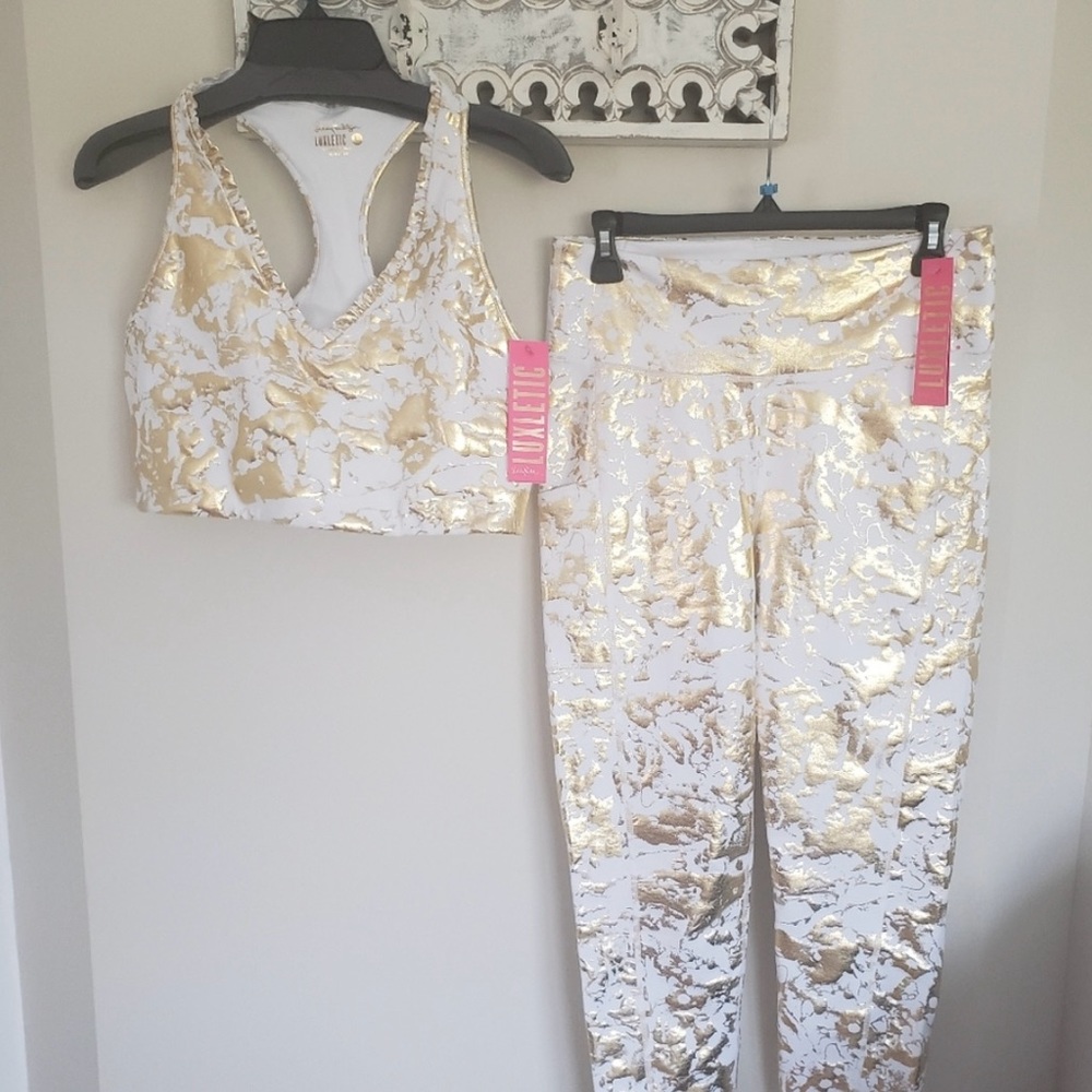 Lilly Pulitzer Weekender Leggings & Lindsay Bra Top Set Gold Shoreline Foil